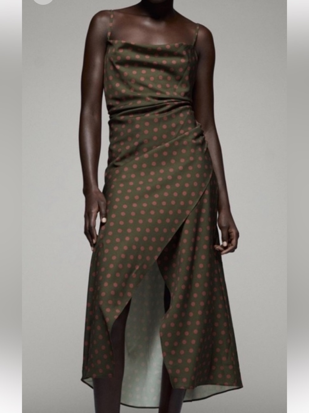 BNWT Zara Polka Dot Wrap Midi Skirt in Olive/Pink small